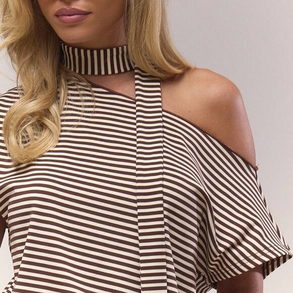 Multicolor Women's Asymmetrical Shoulder Slouch Stripe Scarf Detail blouse - Picture 5 of 5